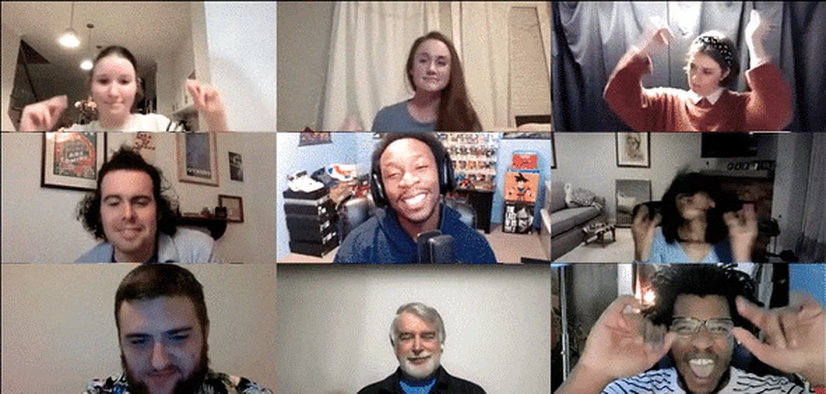 Animated grid of nine people on a video call mid-celebration, Terrance in the bottom right